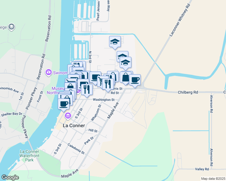 map of restaurants, bars, coffee shops, grocery stores, and more near 520 Morris Street in La Conner
