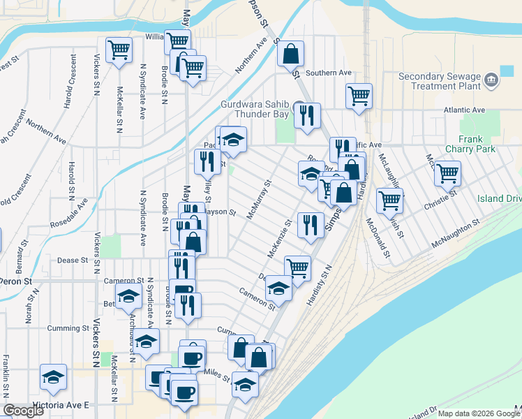 map of restaurants, bars, coffee shops, grocery stores, and more near 234 Heron Street in Thunder Bay