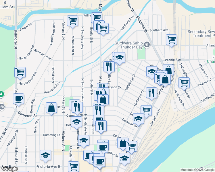 map of restaurants, bars, coffee shops, grocery stores, and more near 501 Wiley Street in Thunder Bay