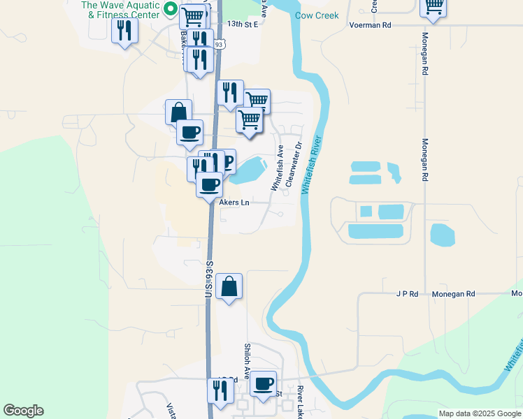 map of restaurants, bars, coffee shops, grocery stores, and more near Whitefish Ave in Whitefish