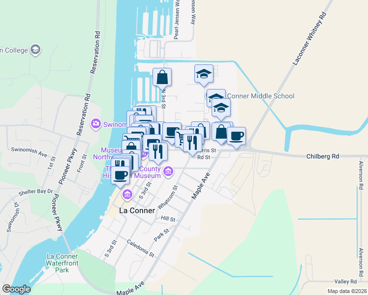 map of restaurants, bars, coffee shops, grocery stores, and more near 108 Commercial Street in La Conner