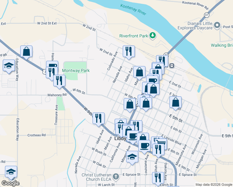 map of restaurants, bars, coffee shops, grocery stores, and more near 415 Nevada Ave in Libby