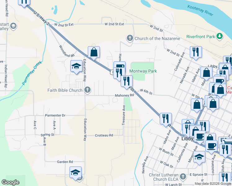 map of restaurants, bars, coffee shops, grocery stores, and more near 156 Mahoney Rd in Libby