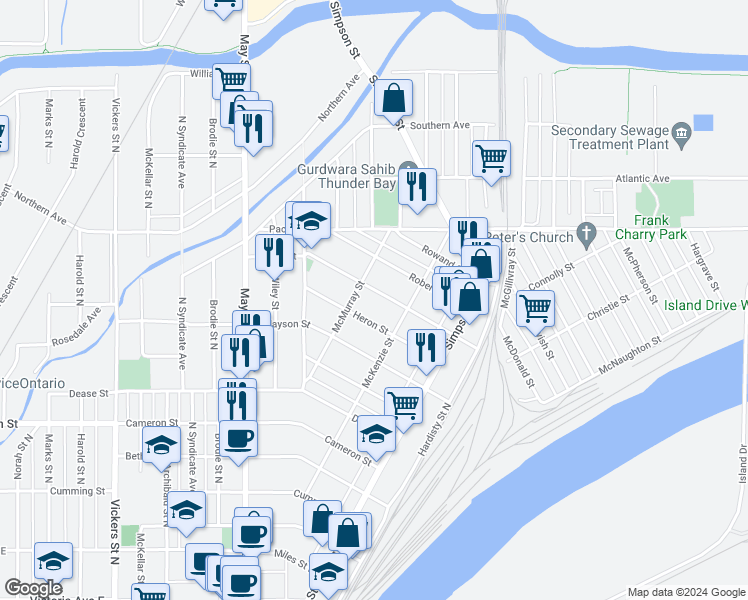 map of restaurants, bars, coffee shops, grocery stores, and more near 221 Ogden Street in Thunder Bay