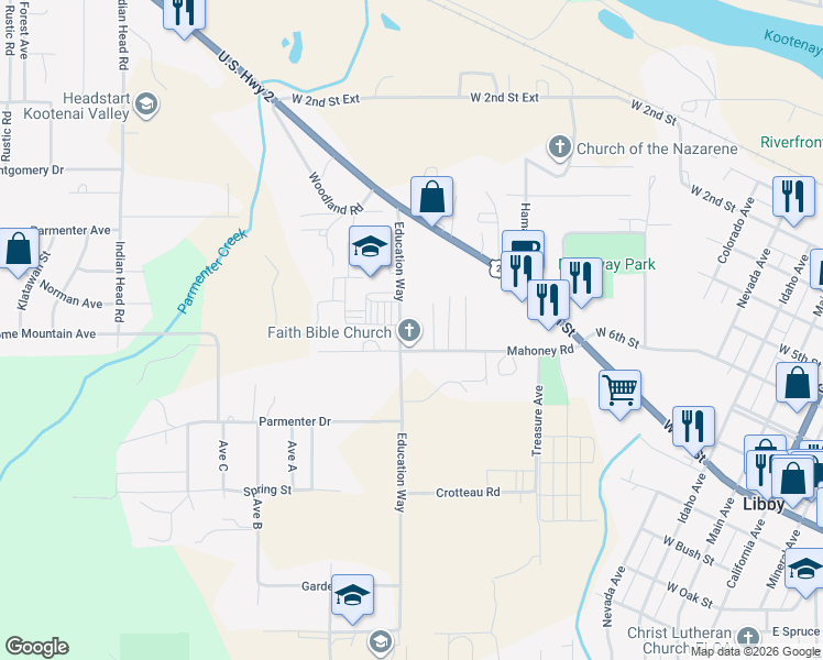 map of restaurants, bars, coffee shops, grocery stores, and more near 239 Education Way in Libby
