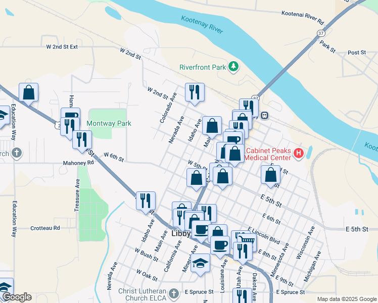 map of restaurants, bars, coffee shops, grocery stores, and more near 403 Idaho Avenue in Libby