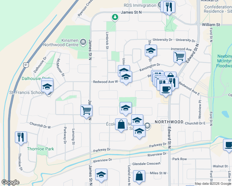 map of restaurants, bars, coffee shops, grocery stores, and more near 408 Pineview Bay in Thunder Bay