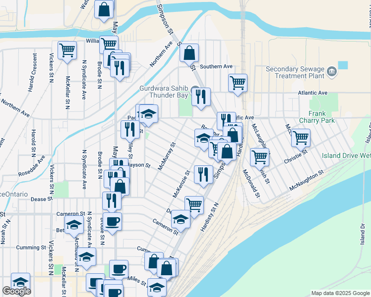 map of restaurants, bars, coffee shops, grocery stores, and more near 221 Ogden Street in Thunder Bay