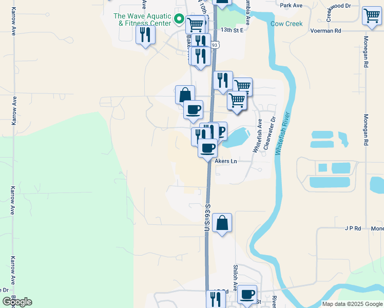 map of restaurants, bars, coffee shops, grocery stores, and more near 6400 Us Highway 93 S in Whitefish
