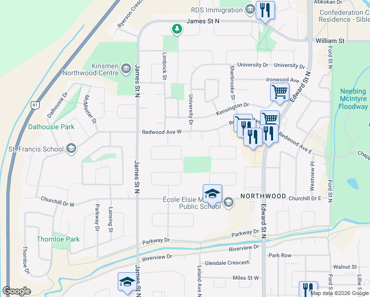 map of restaurants, bars, coffee shops, grocery stores, and more near 408 Pineview Bay in Thunder Bay