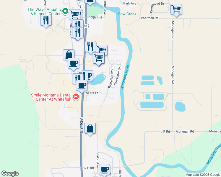map of restaurants, bars, coffee shops, grocery stores, and more near 1 Rock Creek Court in Whitefish