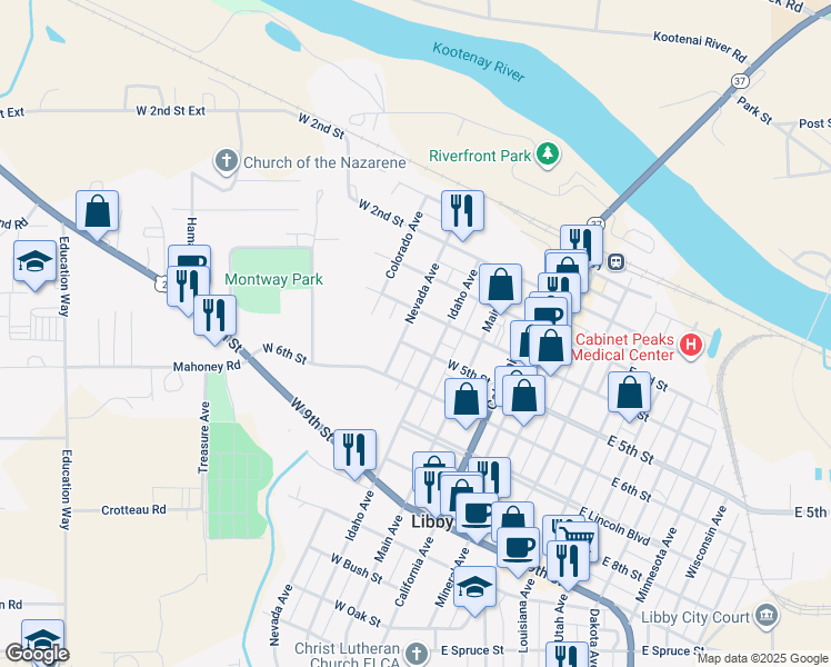 map of restaurants, bars, coffee shops, grocery stores, and more near 415 Nevada Ave in Libby