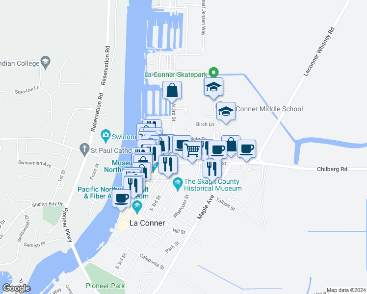map of restaurants, bars, coffee shops, grocery stores, and more near 313 Centre Street in La Conner