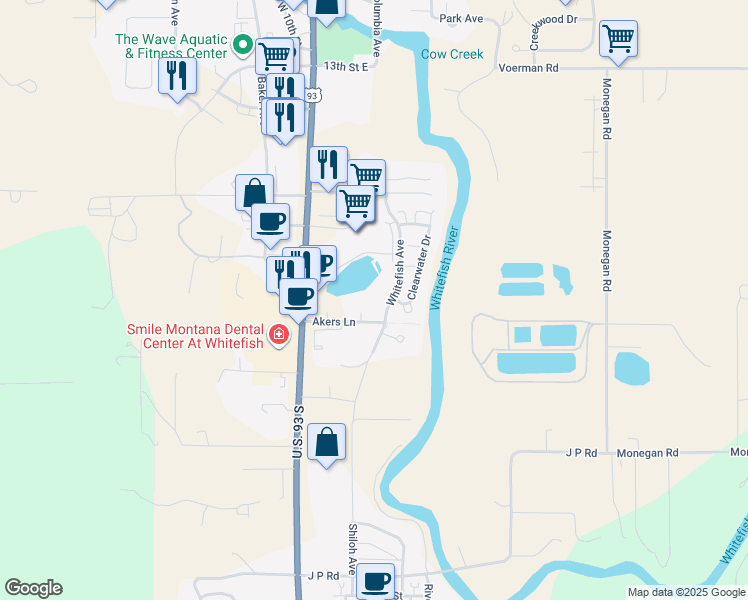 map of restaurants, bars, coffee shops, grocery stores, and more near Whitefish Ave in Whitefish