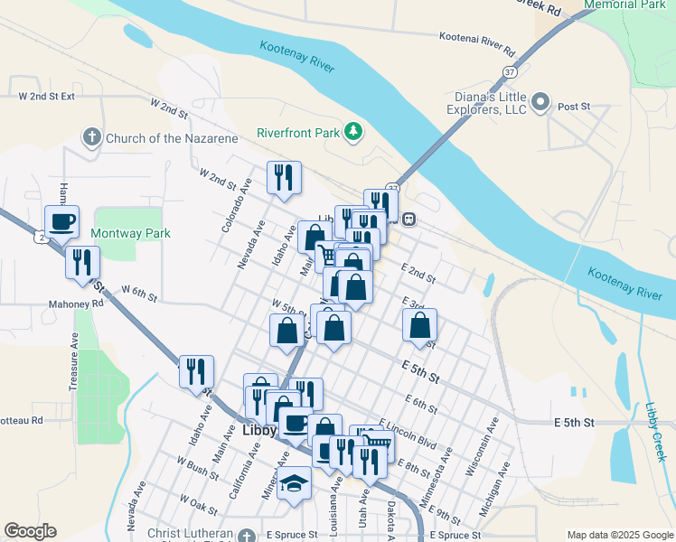 map of restaurants, bars, coffee shops, grocery stores, and more near 302 California Avenue in Libby
