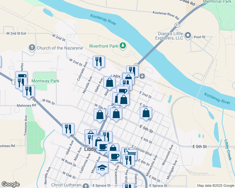 map of restaurants, bars, coffee shops, grocery stores, and more near 302 California Avenue in Libby