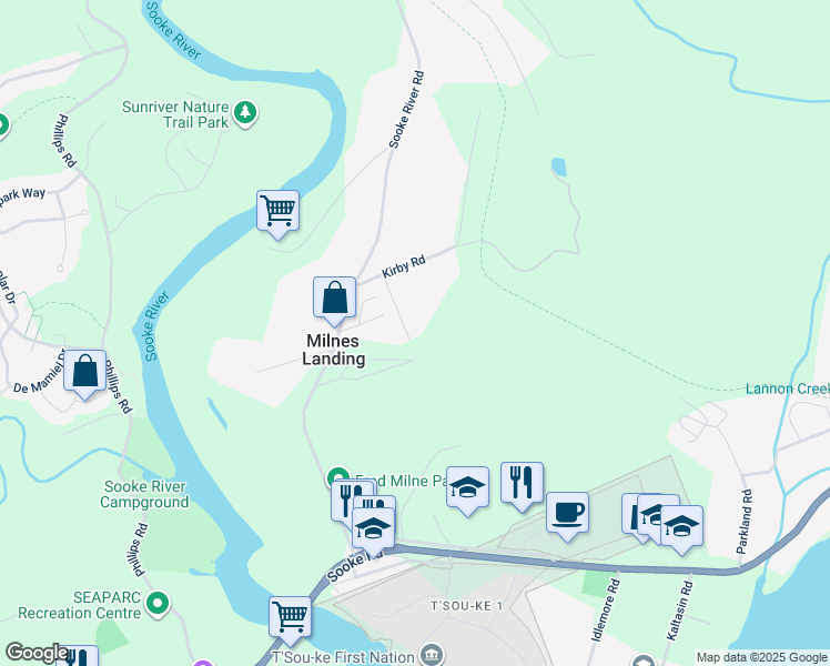 map of restaurants, bars, coffee shops, grocery stores, and more near 6171 Kirby Road in Sooke