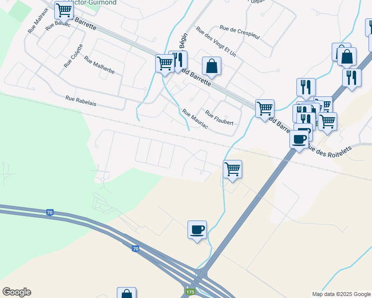 map of restaurants, bars, coffee shops, grocery stores, and more near Rue du Sauvignon in Saguenay