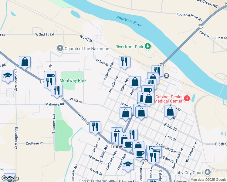 map of restaurants, bars, coffee shops, grocery stores, and more near 415 Nevada Ave in Libby