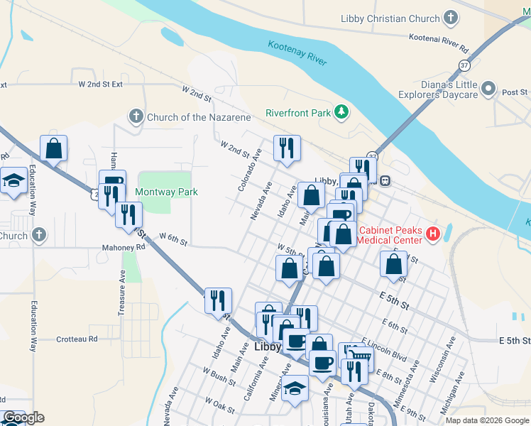 map of restaurants, bars, coffee shops, grocery stores, and more near 403 Idaho Avenue in Libby