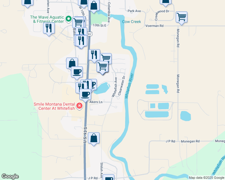 map of restaurants, bars, coffee shops, grocery stores, and more near 1 Rock Creek Ct in Whitefish