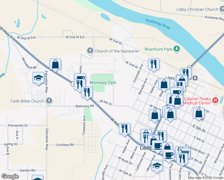 map of restaurants, bars, coffee shops, grocery stores, and more near 198 East Commerce Way in Libby