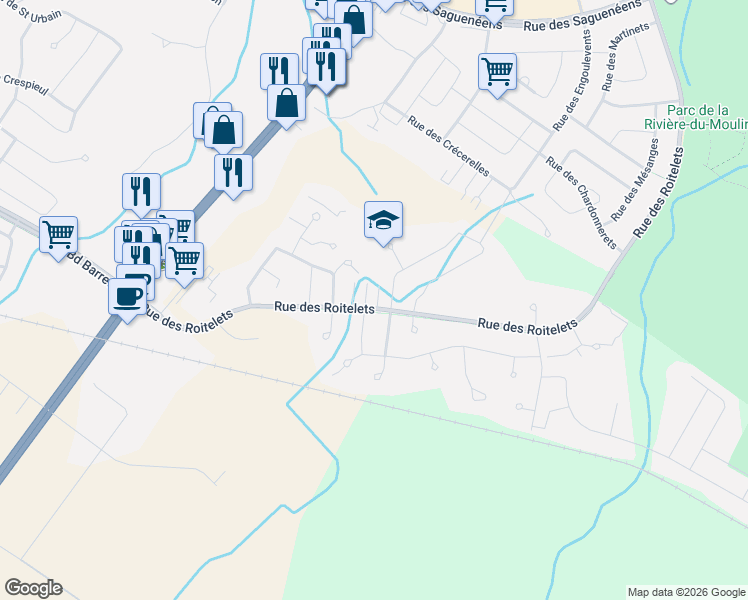 map of restaurants, bars, coffee shops, grocery stores, and more near 2200 Rue des Roitelets in Saguenay