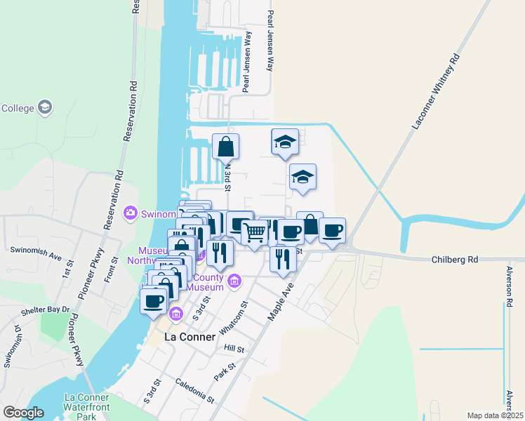 map of restaurants, bars, coffee shops, grocery stores, and more near 504 Birch Lane in La Conner