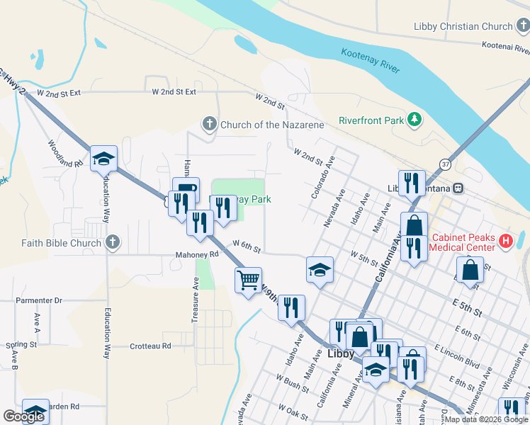 map of restaurants, bars, coffee shops, grocery stores, and more near 198 East Commerce Way in Libby