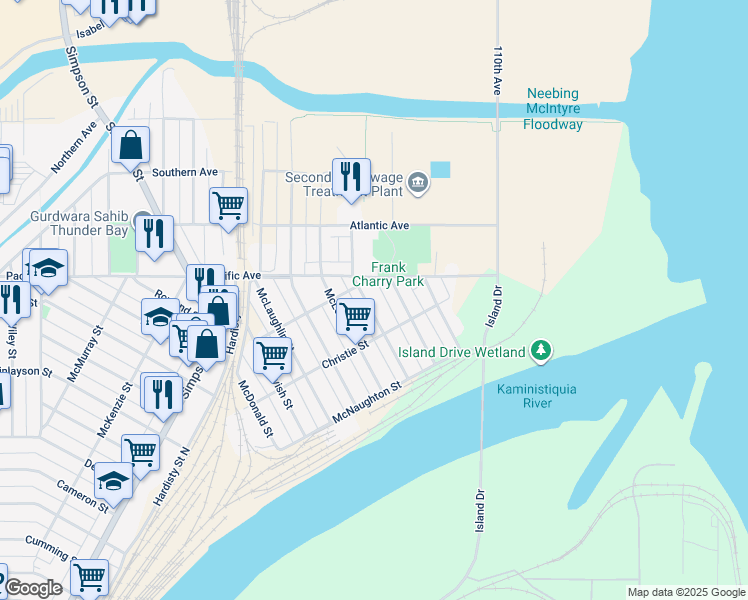 map of restaurants, bars, coffee shops, grocery stores, and more near 626 McPherson Street in Thunder Bay