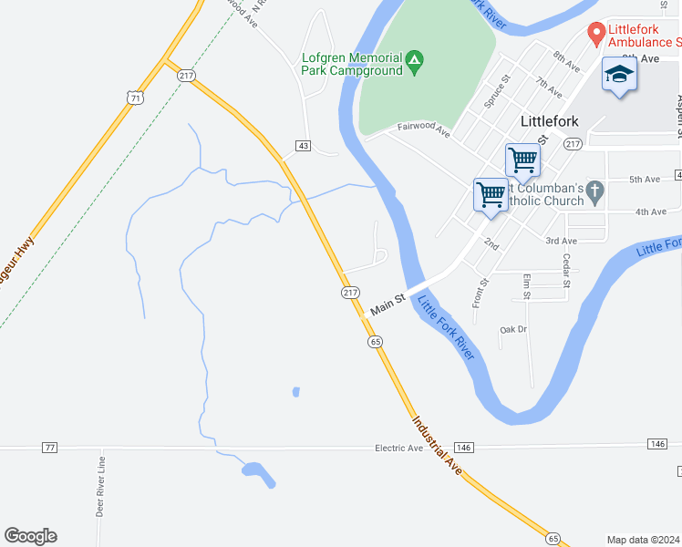 map of restaurants, bars, coffee shops, grocery stores, and more near Minnesota 65 in Littlefork