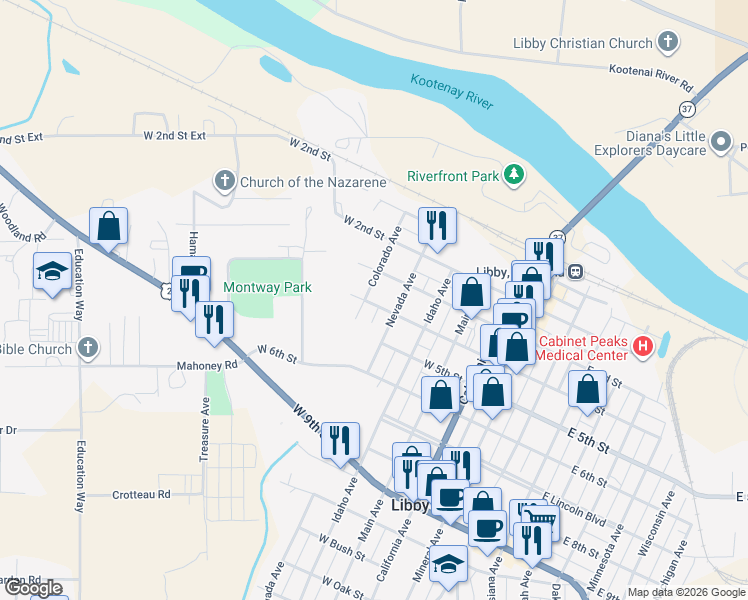 map of restaurants, bars, coffee shops, grocery stores, and more near 310 Nevada Avenue in Libby