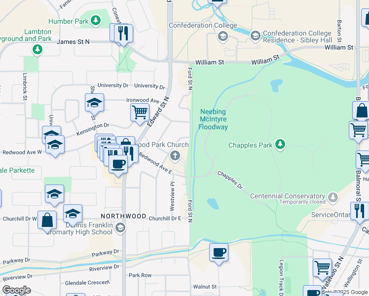 map of restaurants, bars, coffee shops, grocery stores, and more near 522 Westminster Street in Thunder Bay