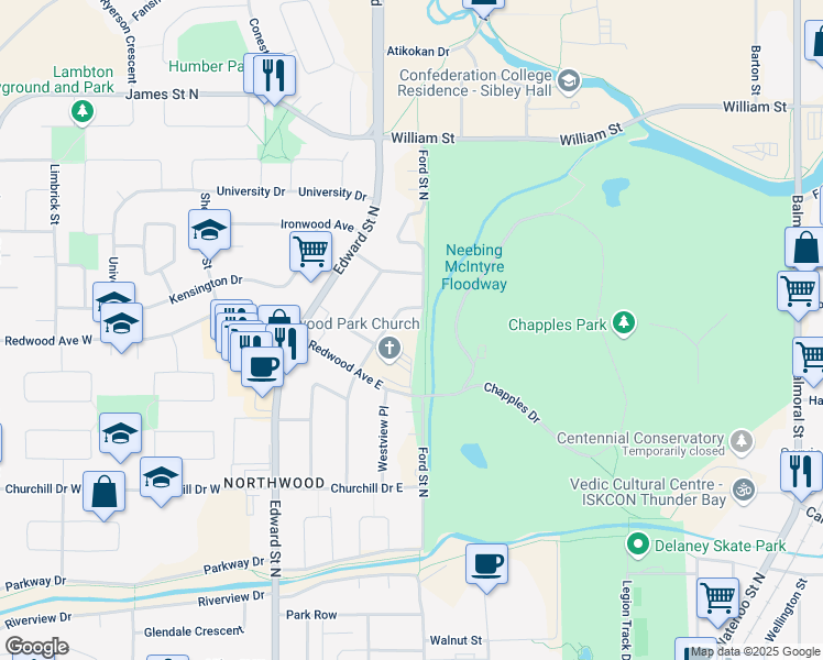 map of restaurants, bars, coffee shops, grocery stores, and more near 522 Westminster Street in Thunder Bay