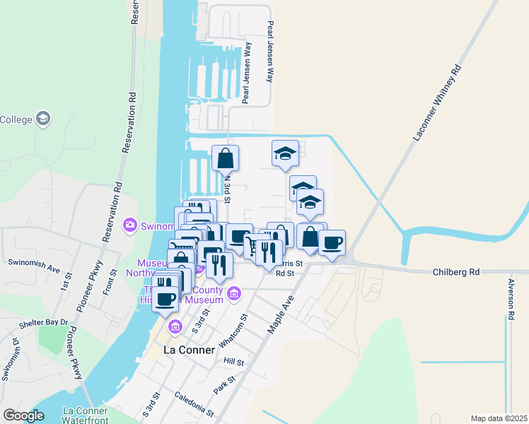 map of restaurants, bars, coffee shops, grocery stores, and more near 504 Birch Lane in La Conner