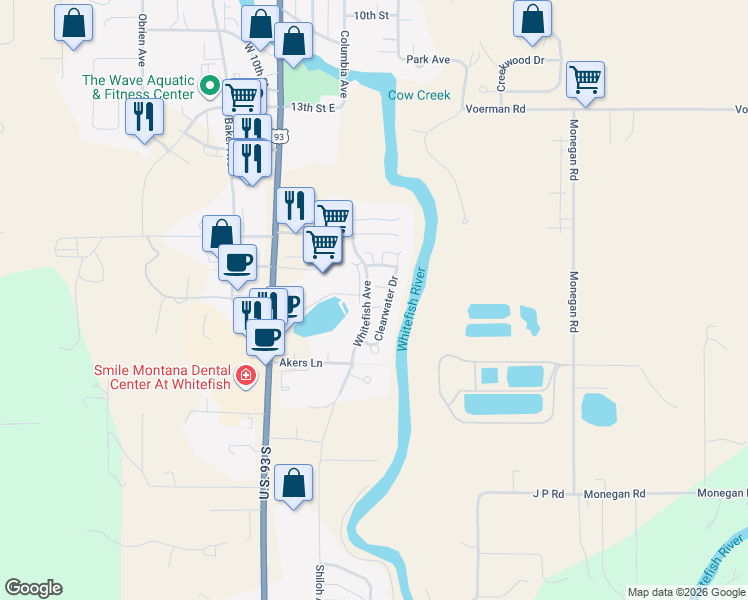 map of restaurants, bars, coffee shops, grocery stores, and more near 2 Sweet Water Ln in Whitefish