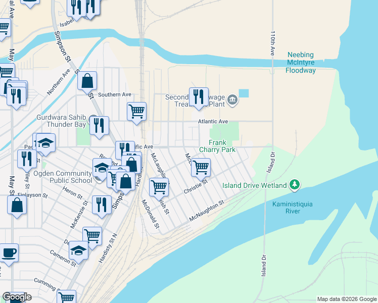 map of restaurants, bars, coffee shops, grocery stores, and more near 708 McLeod Street in Thunder Bay