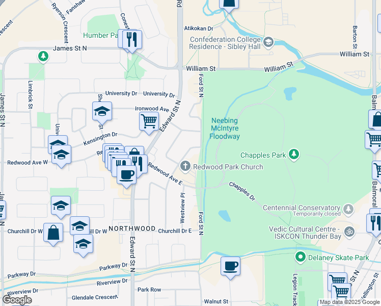 map of restaurants, bars, coffee shops, grocery stores, and more near 522 Westminster Street in Thunder Bay