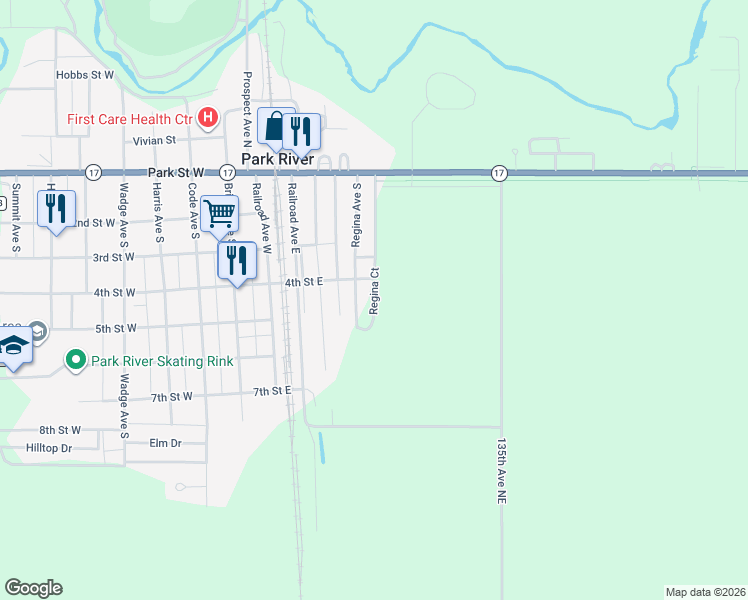 map of restaurants, bars, coffee shops, grocery stores, and more near Regina Court in Park River