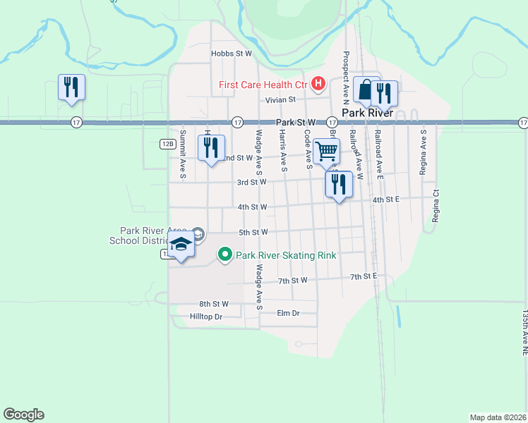 map of restaurants, bars, coffee shops, grocery stores, and more near 400-498 Wadge Ave S in Park River