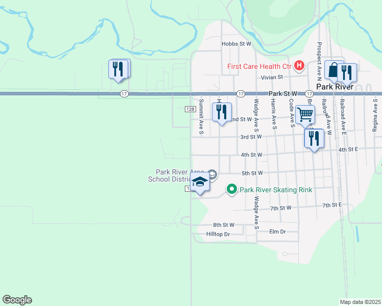 map of restaurants, bars, coffee shops, grocery stores, and more near 704 5th Street West in Park River