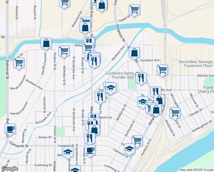 map of restaurants, bars, coffee shops, grocery stores, and more near 631 Prince Arthur Boulevard in Thunder Bay