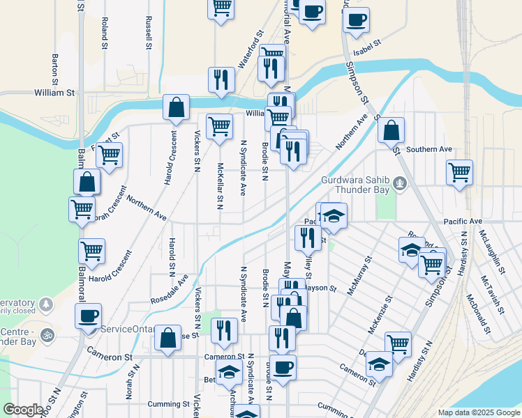 map of restaurants, bars, coffee shops, grocery stores, and more near 705 Northern Avenue in Thunder Bay