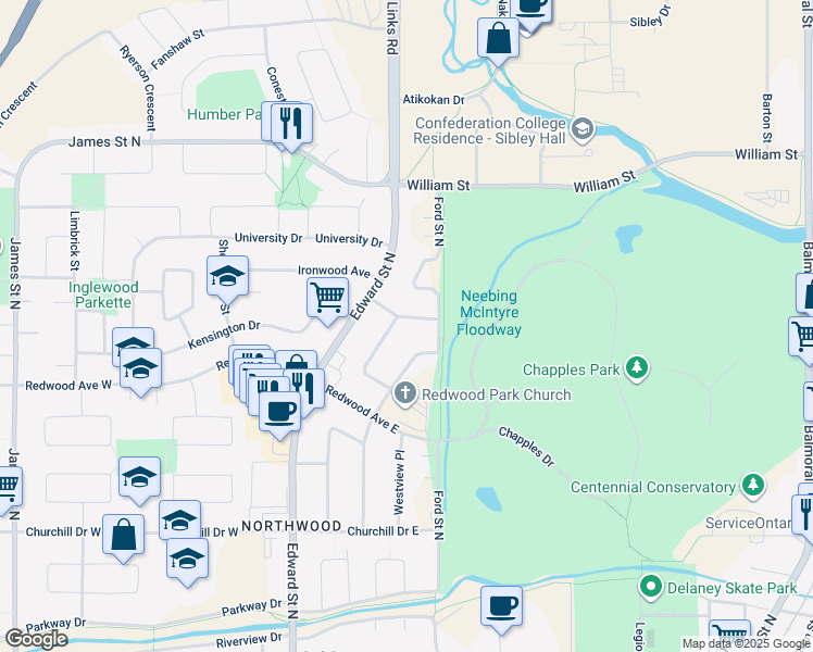 map of restaurants, bars, coffee shops, grocery stores, and more near 2609 Woodlawn Avenue in Thunder Bay