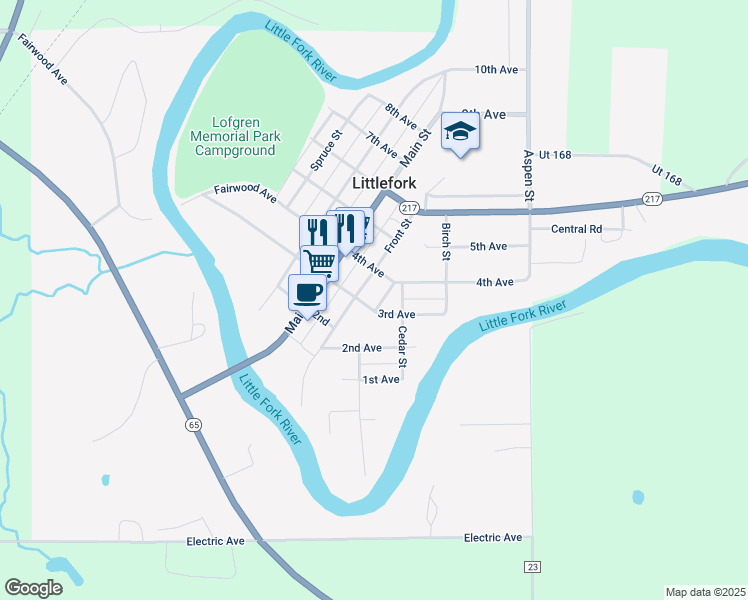 map of restaurants, bars, coffee shops, grocery stores, and more near 324 Front Street in Littlefork