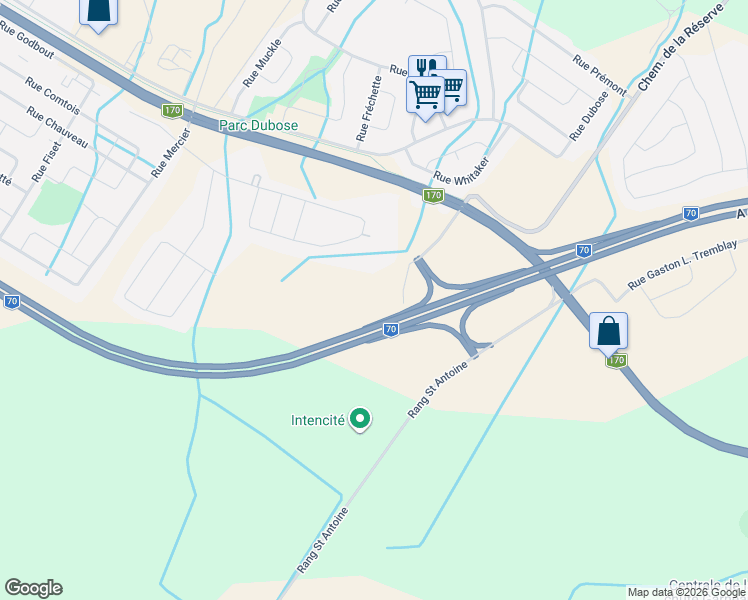 map of restaurants, bars, coffee shops, grocery stores, and more near Chemin de la Réserve in Saguenay