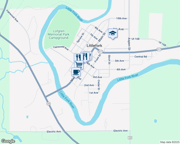 map of restaurants, bars, coffee shops, grocery stores, and more near 324 Front Street in Littlefork