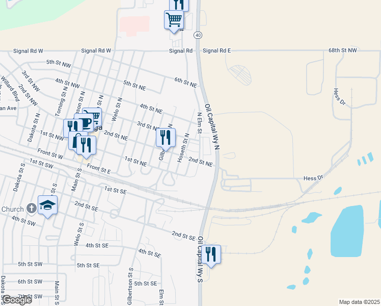 map of restaurants, bars, coffee shops, grocery stores, and more near 518 2nd Street Northeast in Tioga