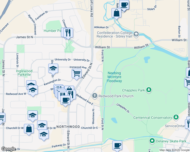 map of restaurants, bars, coffee shops, grocery stores, and more near 2609 Woodlawn Avenue in Thunder Bay