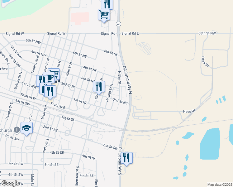 map of restaurants, bars, coffee shops, grocery stores, and more near 518 2nd Street Northeast in Tioga